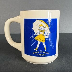 Vintage Style Little Girl Umbrella Salt Coffee Mug Yellow & Blue Humor